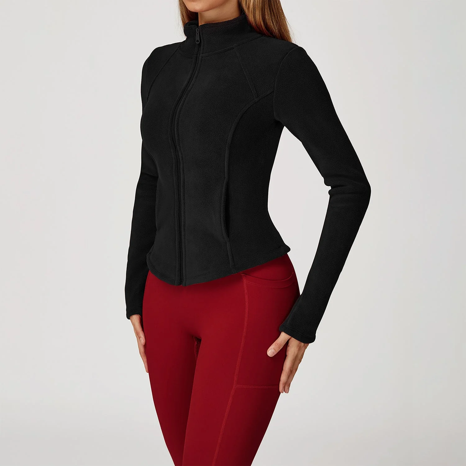 Full Zip Fleece Jacket Long Sleeve Coat with Pockets - Artadvier