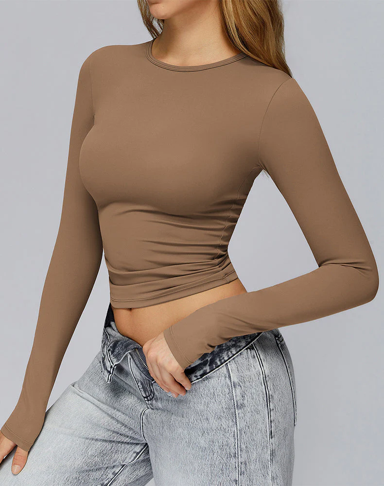 Crewneck Long Sleeve Shirt Basic Tees Slim Fit Crop Tops - Artadvier