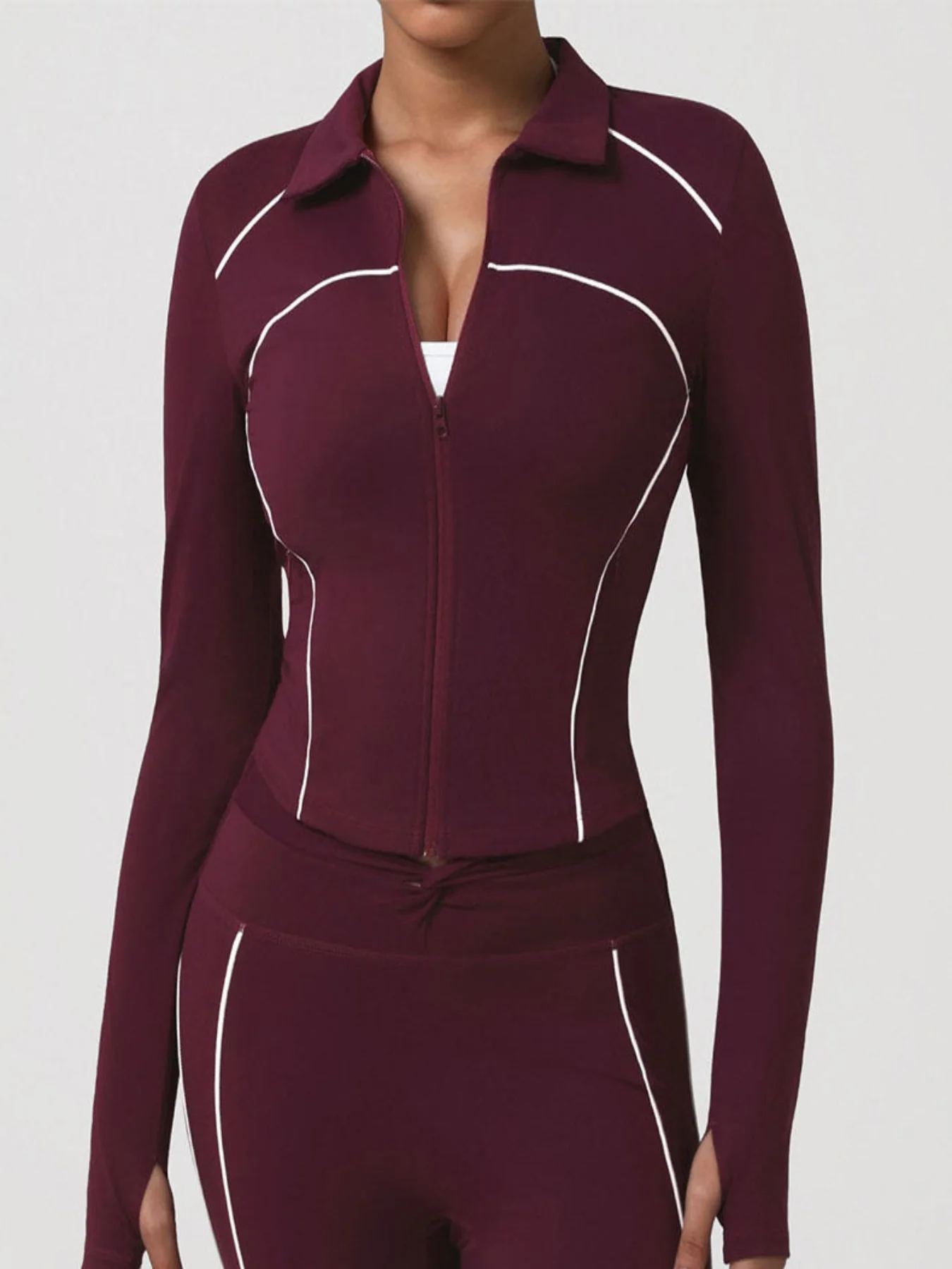 Contrast Trim Workout Jacket Zip Up Long Sleeve Coat - Artadvier