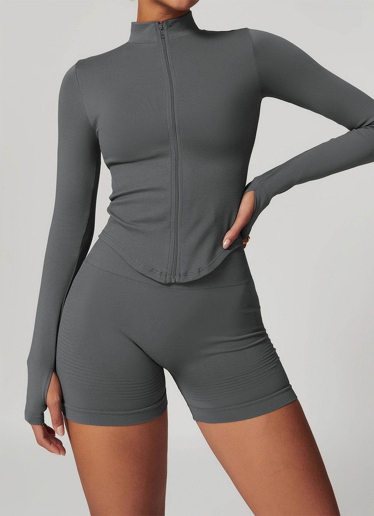 Full Zip Cropped Workout Jacket with Thumb Holes - Artadvier