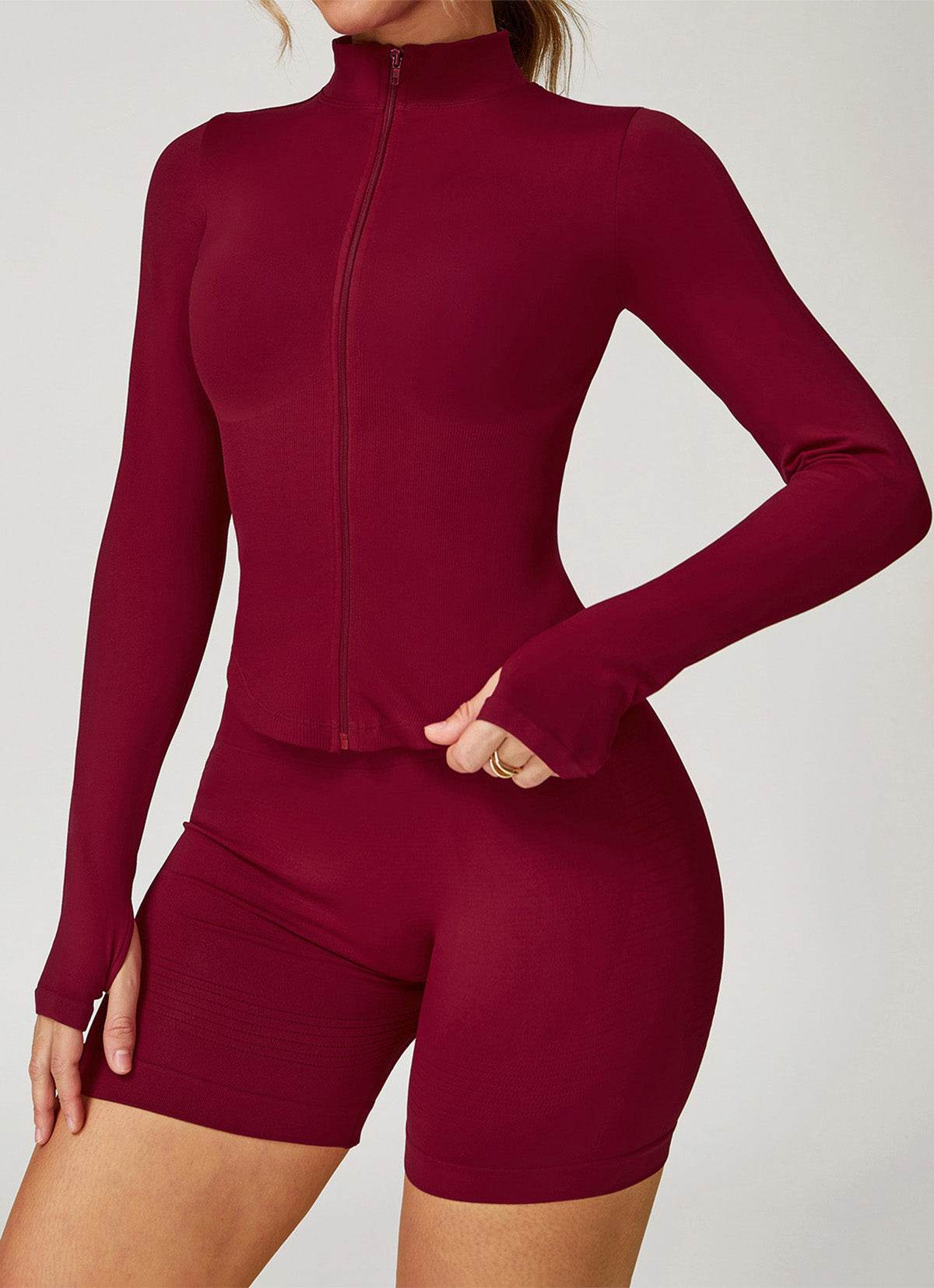Full Zip Cropped Workout Jacket with Thumb Holes - Artadvier