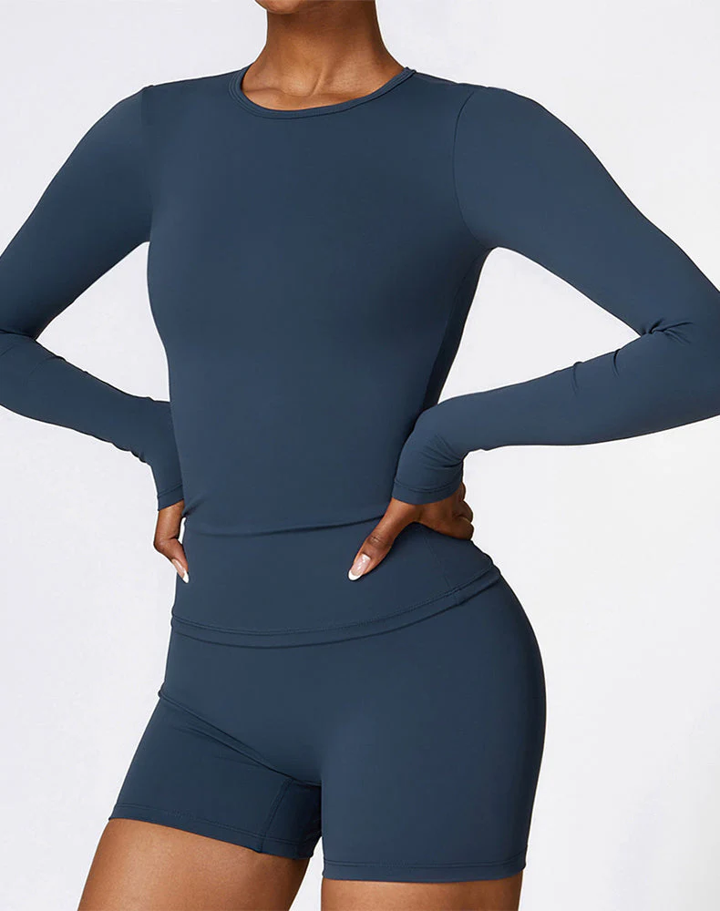 Crewneck Long Sleeve Shirt Basic Tees Slim Fit Crop Tops - Artadvier